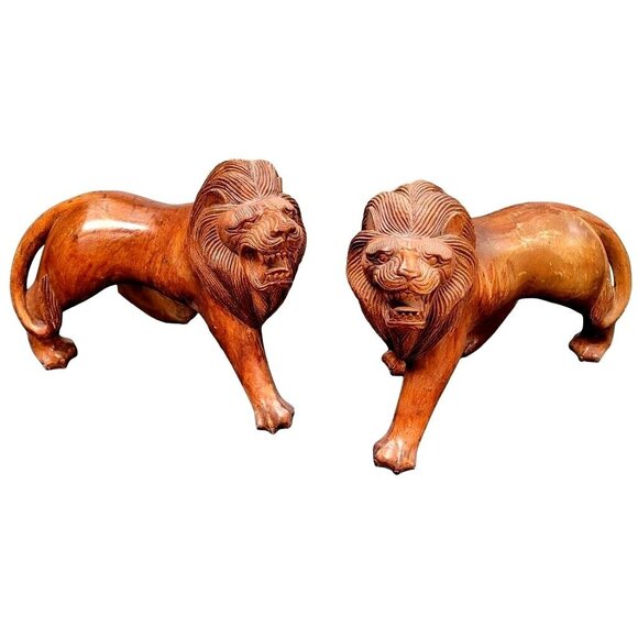 Set o2 Huge Hand-Carved Mid Century Wooden Wood  Roaring Lion Statues 17x13 - Picture 1 of 16